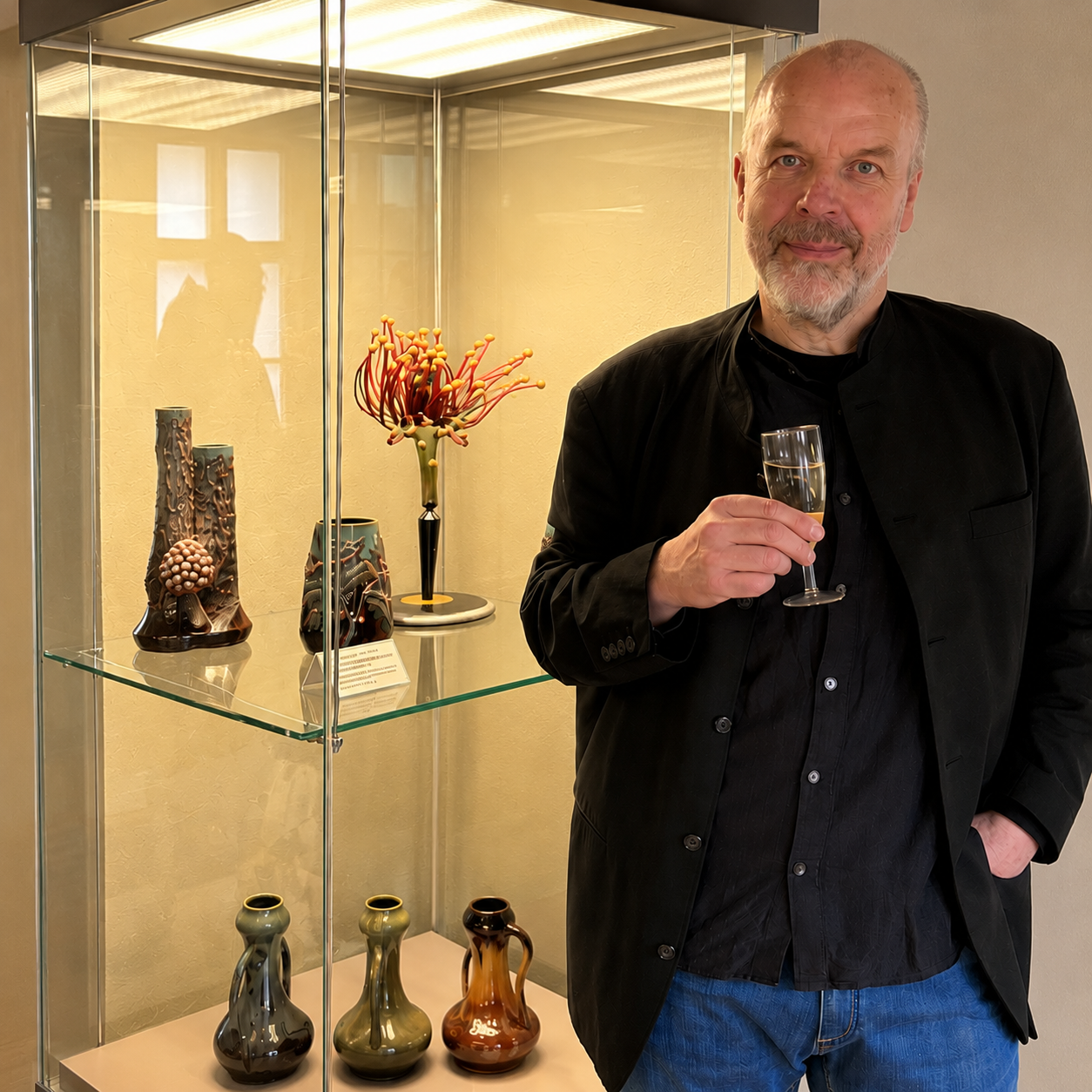Andreas Deutsch beside a display case of ceramic works at the exhibition Nature. Science. Ceramics. in the Keramik-Museum Bürgel